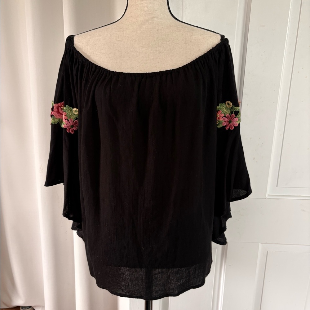 Rosegal Black Off-Shoulder Tunic with Pink & Green Floral Embroidery